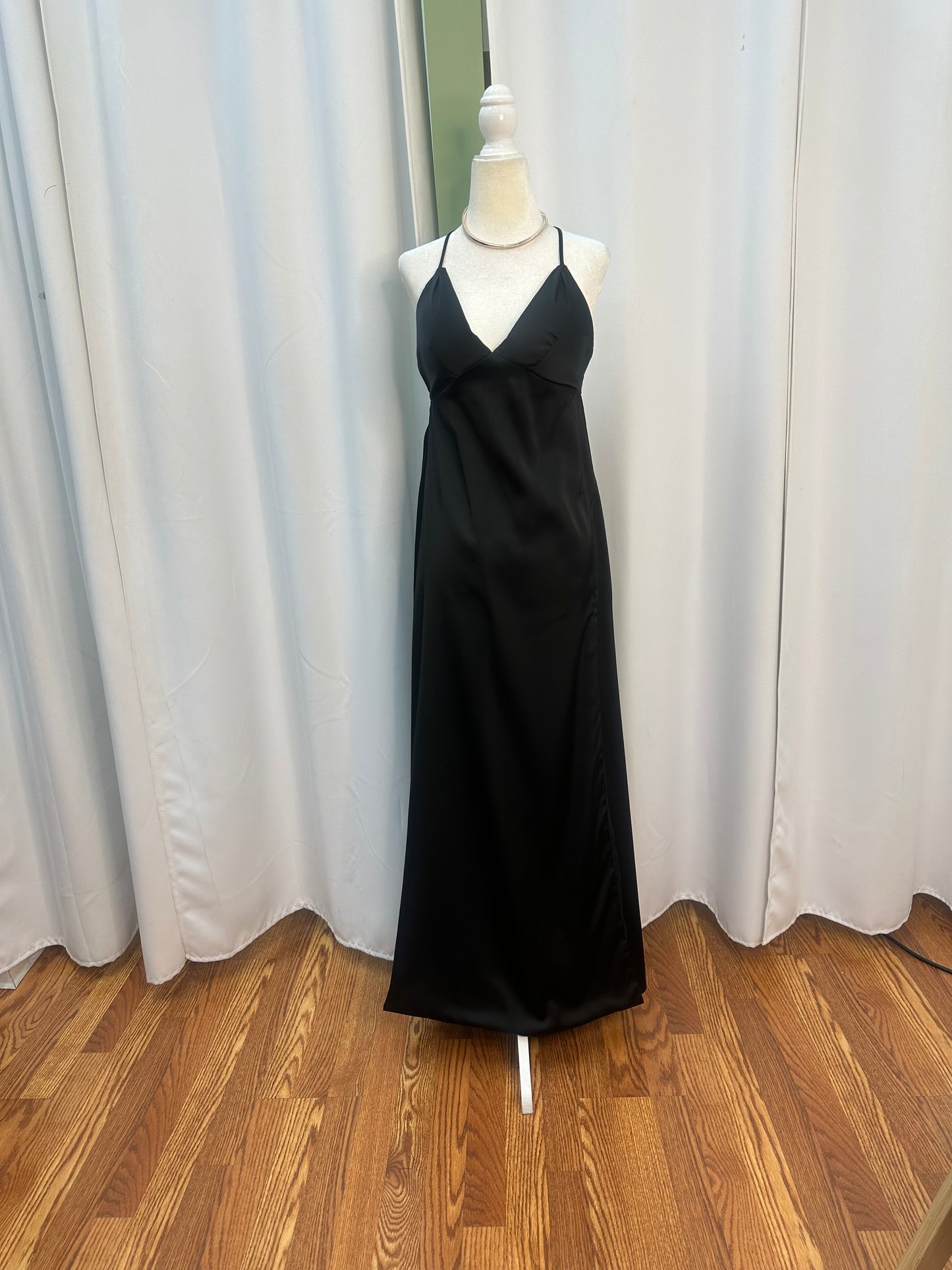 black satin open black dress