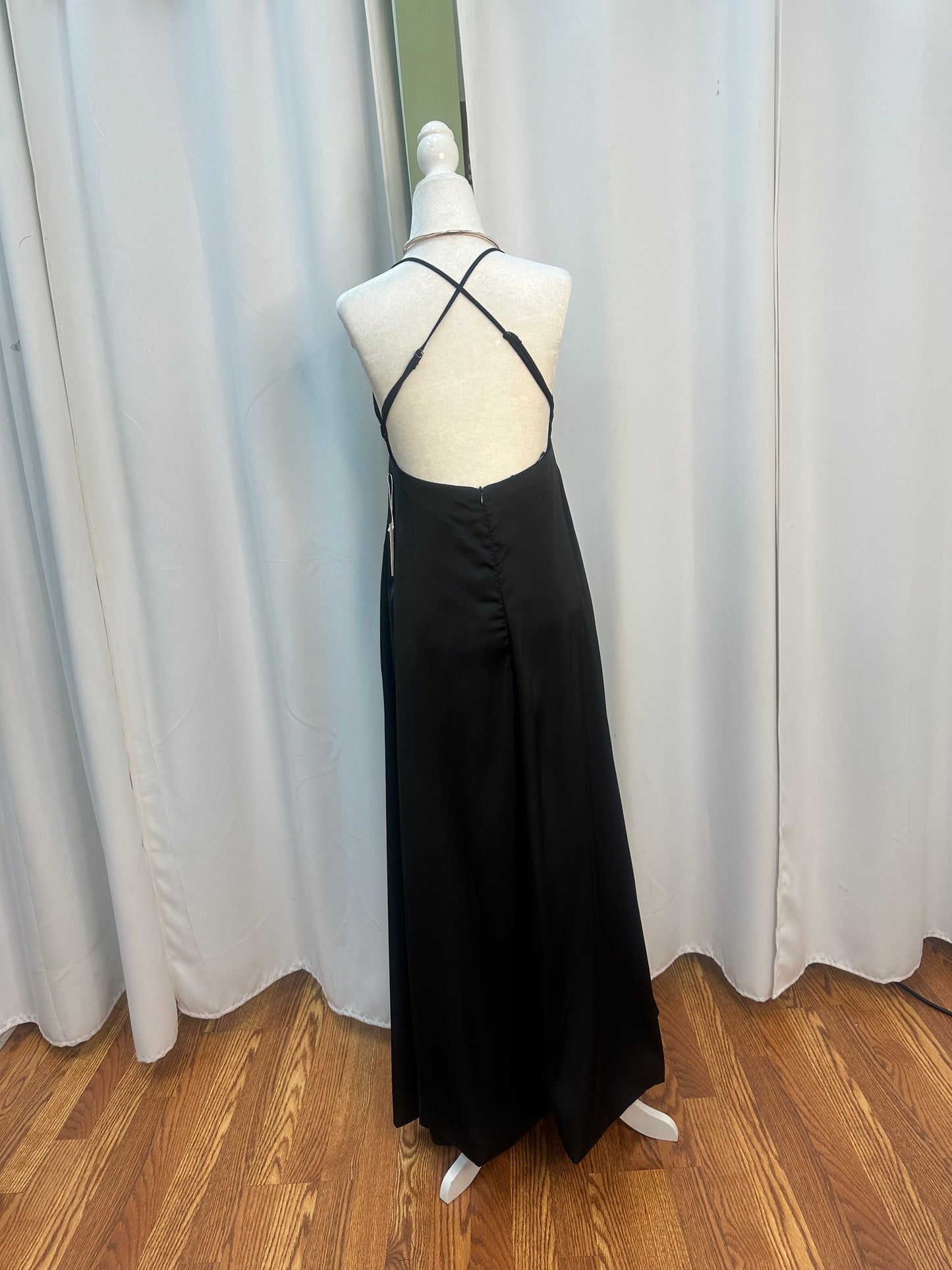 black satin open black dress