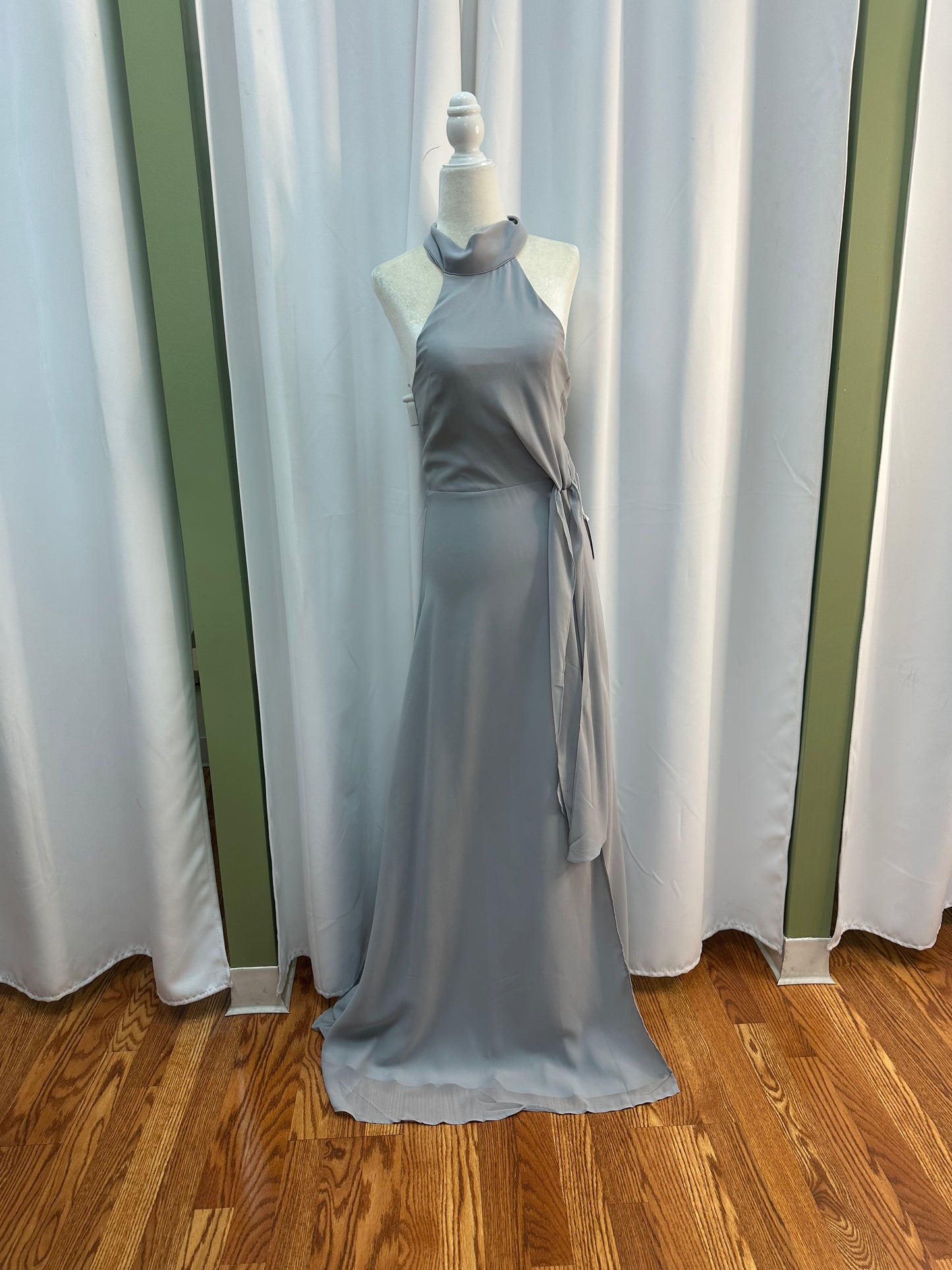 long silver dress with neck scarf
