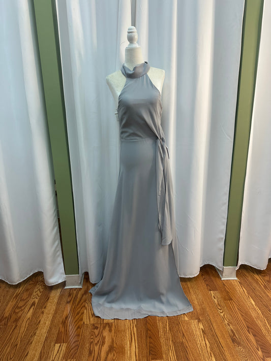 long silver dress with neck scarf