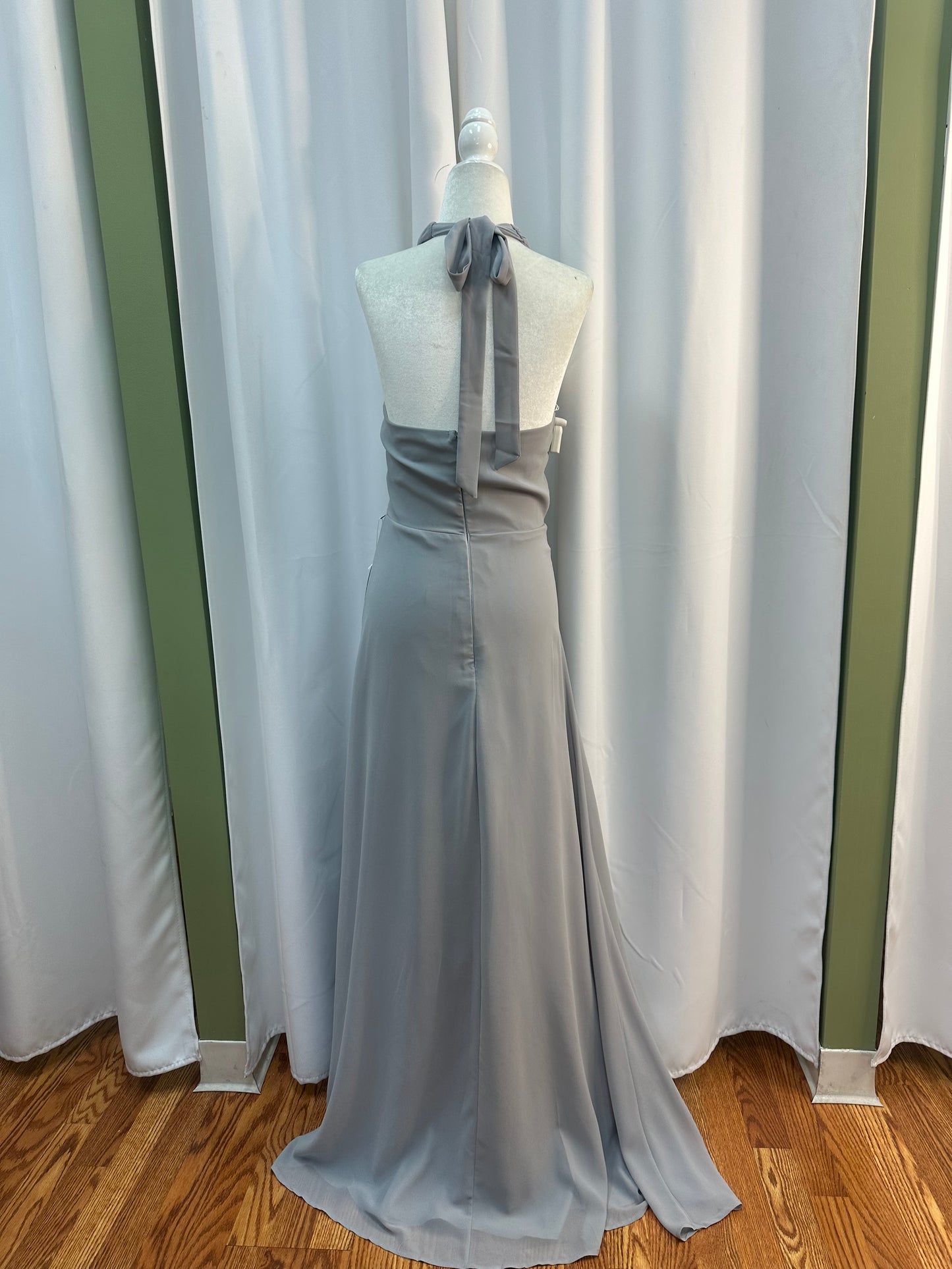 long silver dress with neck scarf
