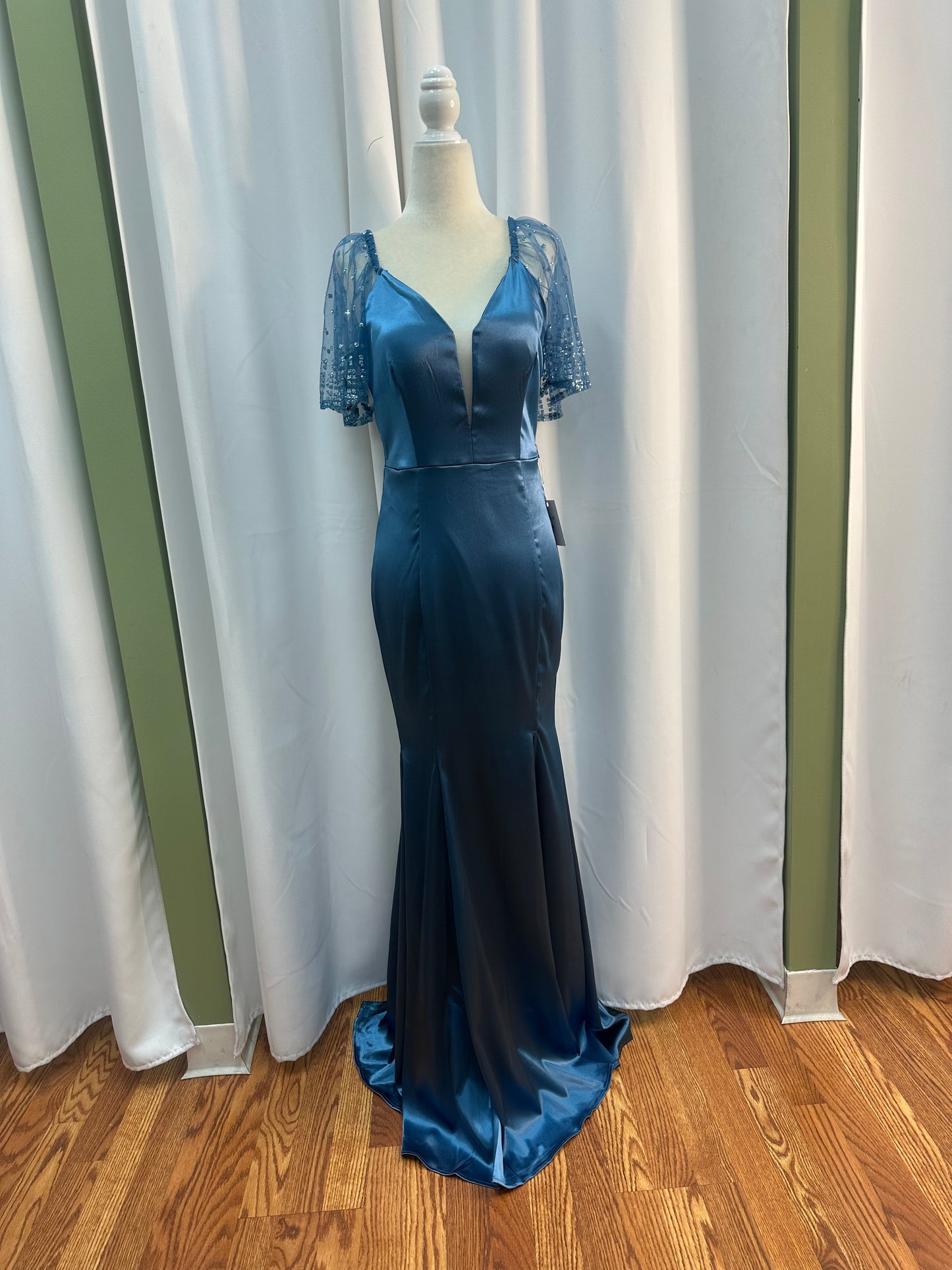 long short sleeve dustry blue dress