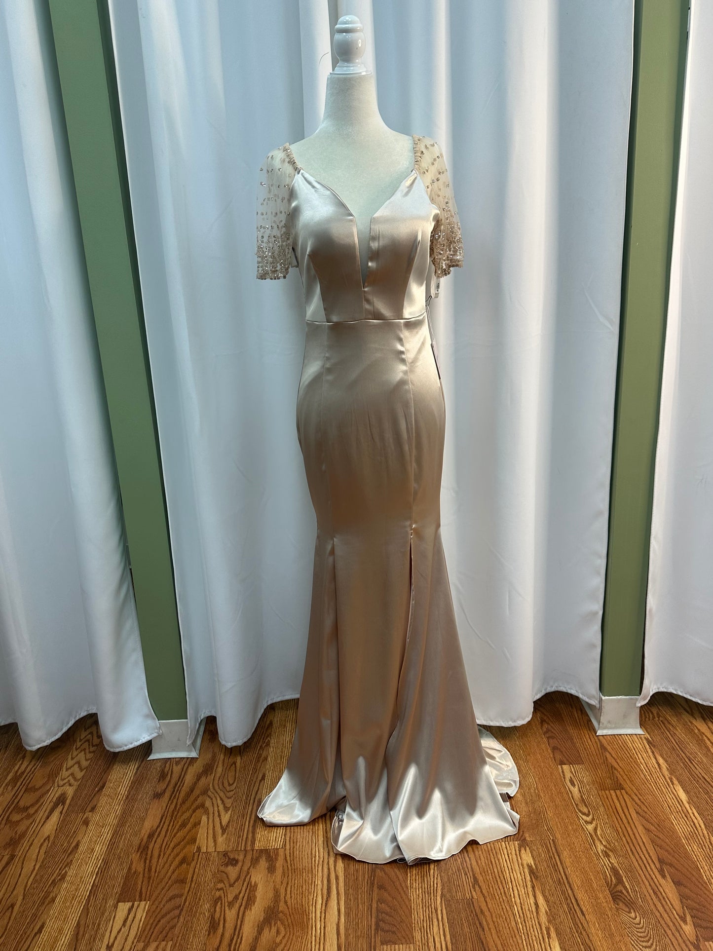short sleeve satin dress champagne