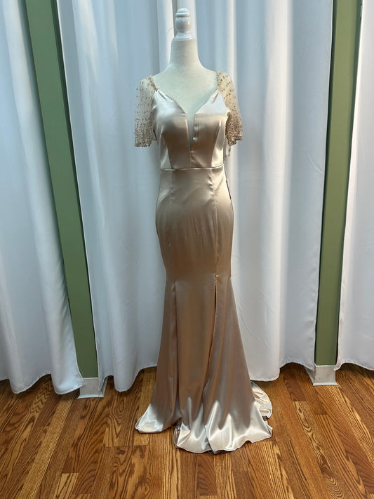 short sleeve satin dress champagne