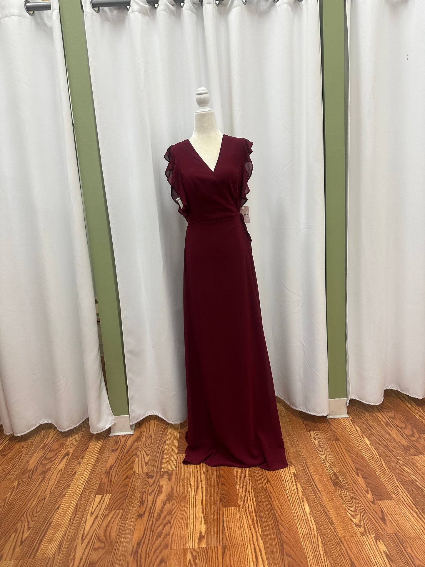 burgundy chiffon dress with ruffle sleeve