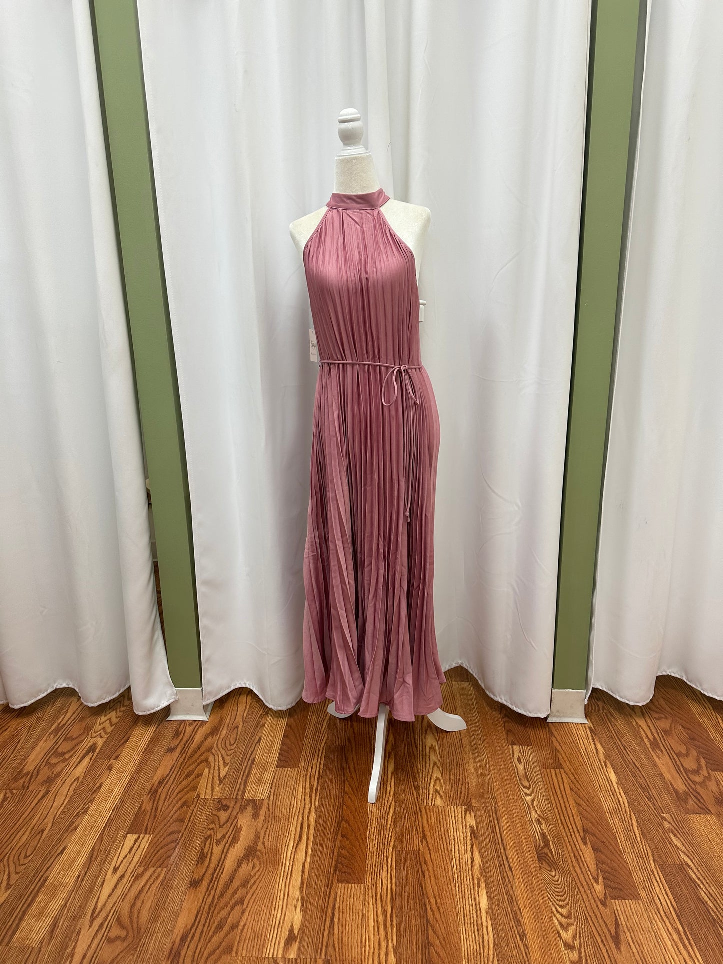 pleaded halter dress in rose and mustard yellow