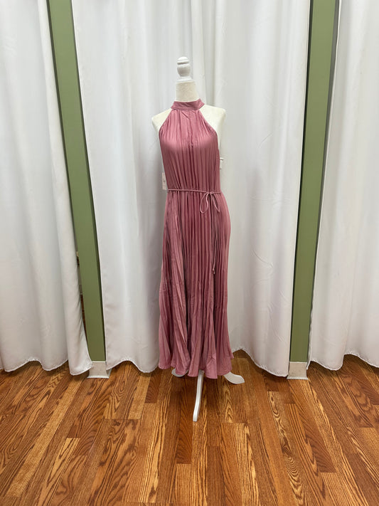 pleaded halter dress in rose and mustard yellow
