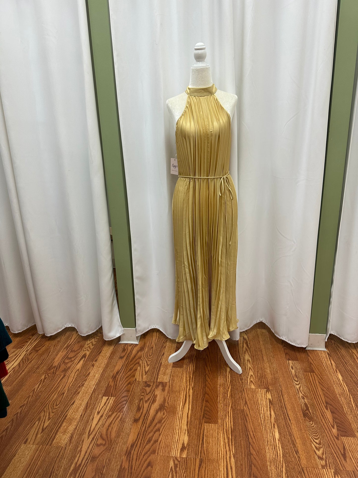 pleaded halter dress in rose and mustard yellow