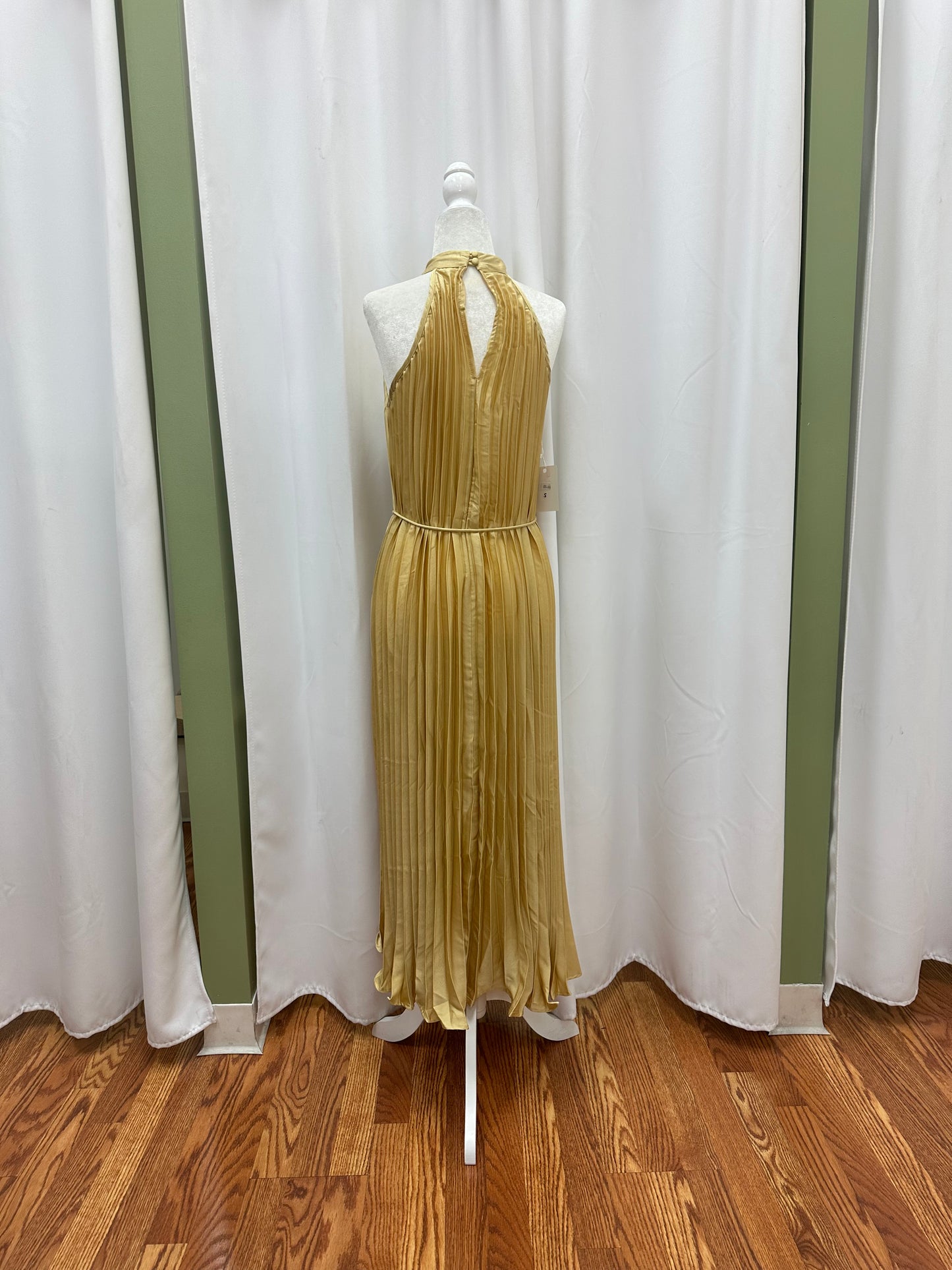 pleaded halter dress in rose and mustard yellow