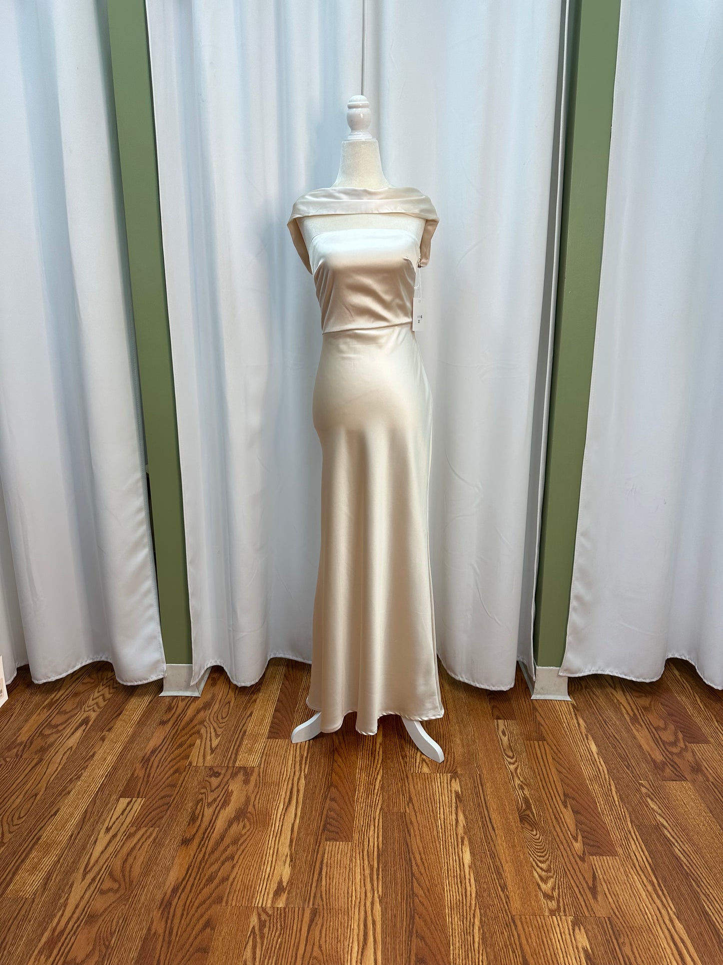 cream satin dress off the shoulder