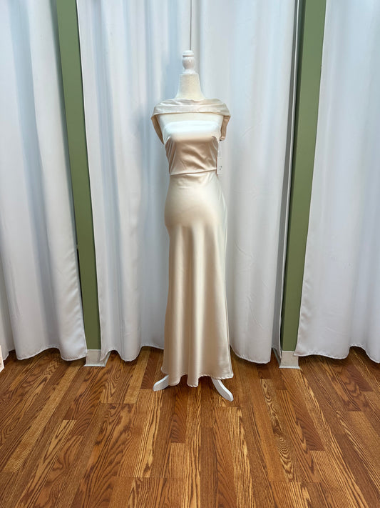 cream satin dress off the shoulder