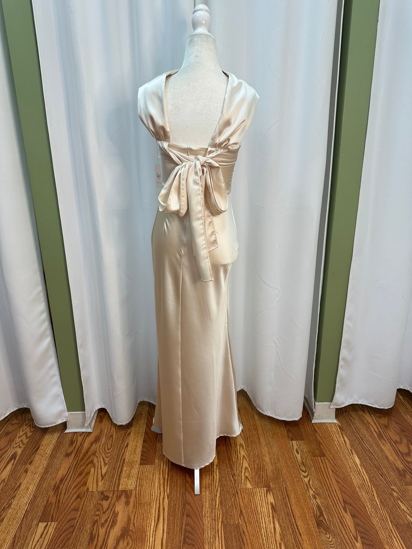 cream satin dress off the shoulder