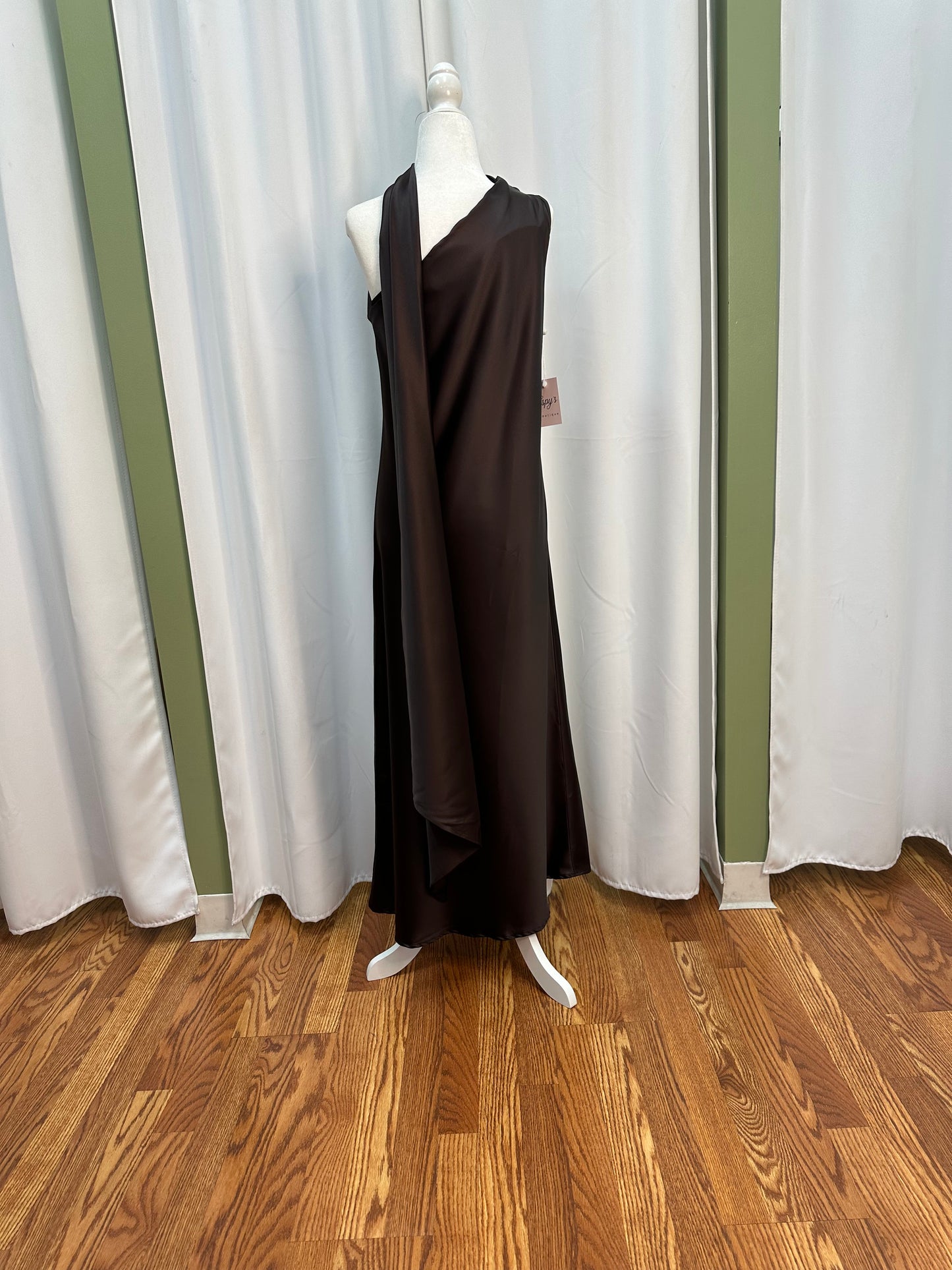 long satin chocolate scarf dress