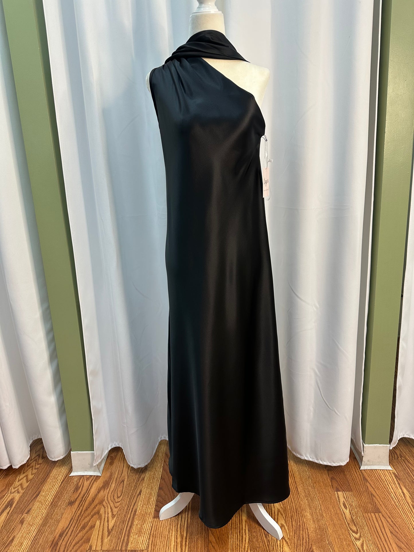 long sating black scarf dress