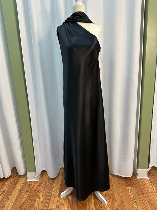 long sating black scarf dress