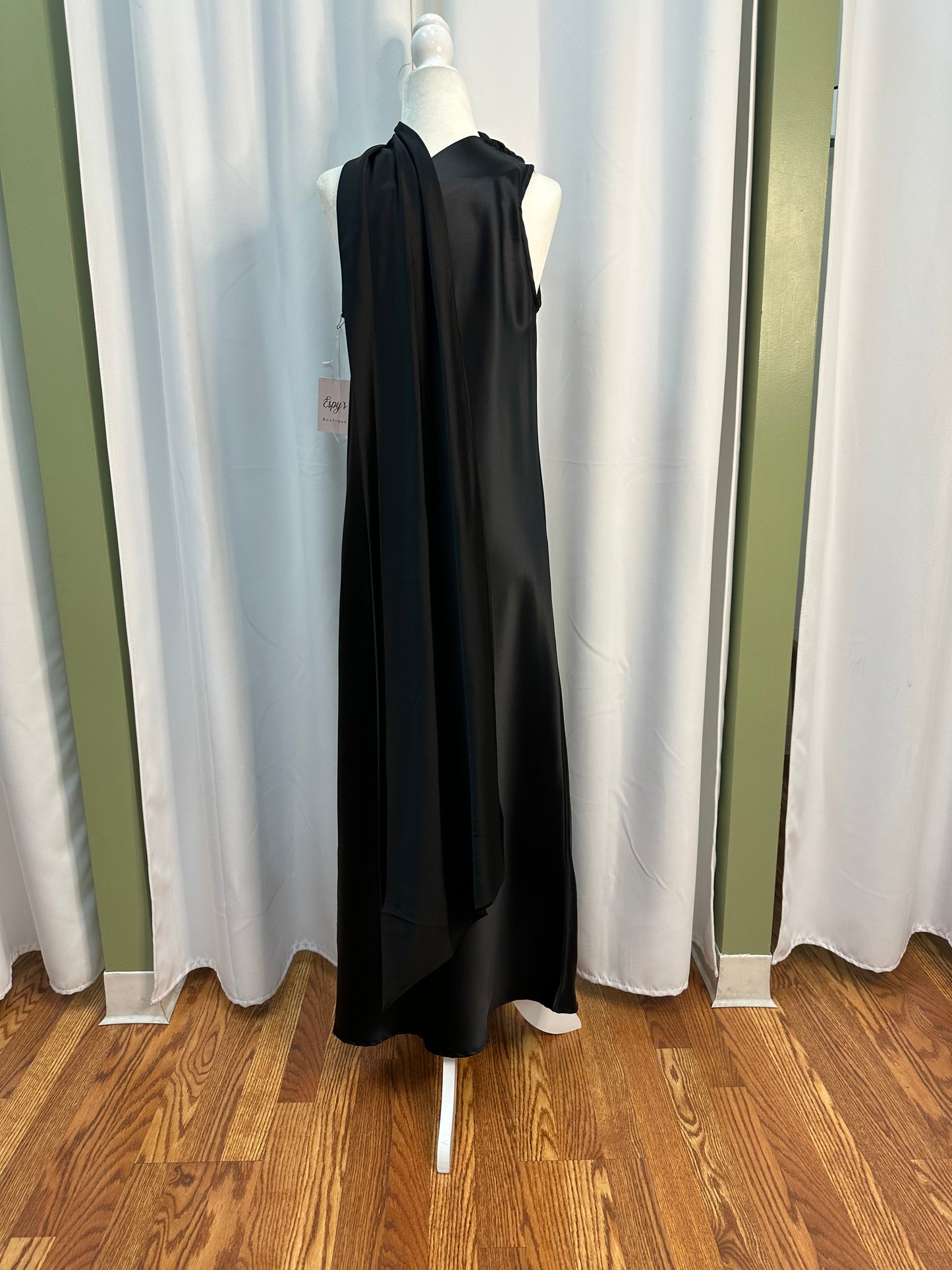 long sating black scarf dress