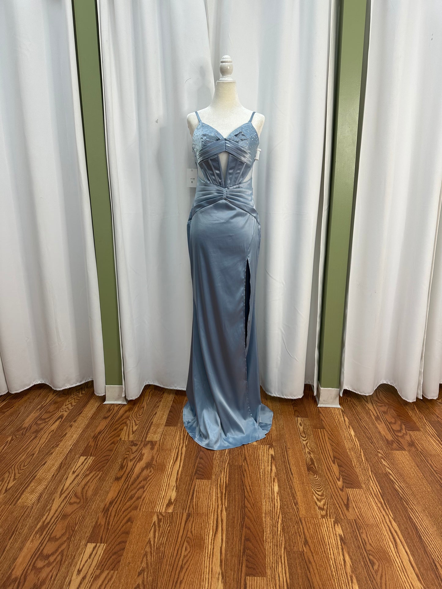 dusty blue satin A/B detailed dress