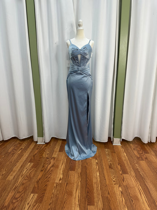 dusty blue satin A/B detailed dress