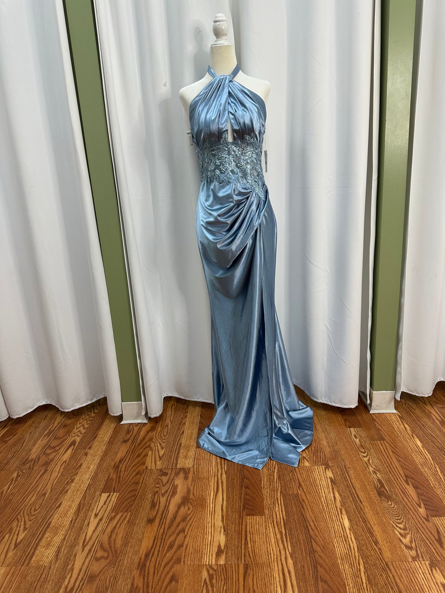 dusty blue satin halter dress