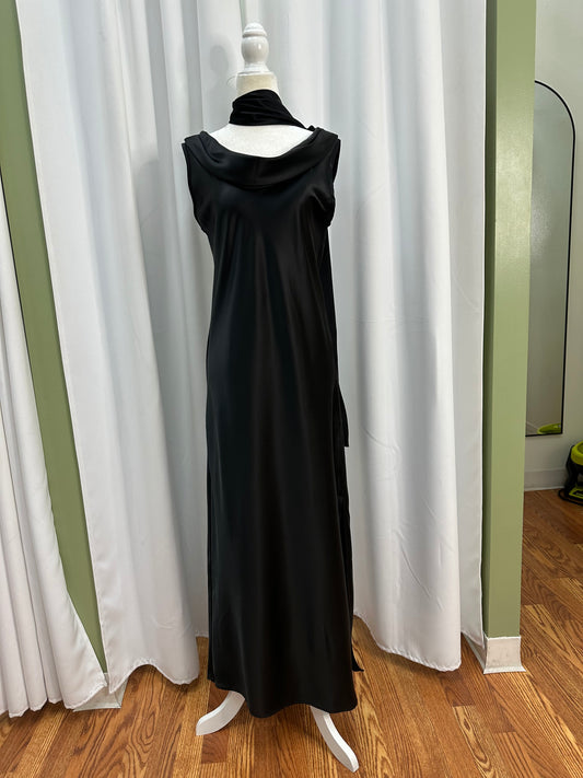 black satin scarf dress