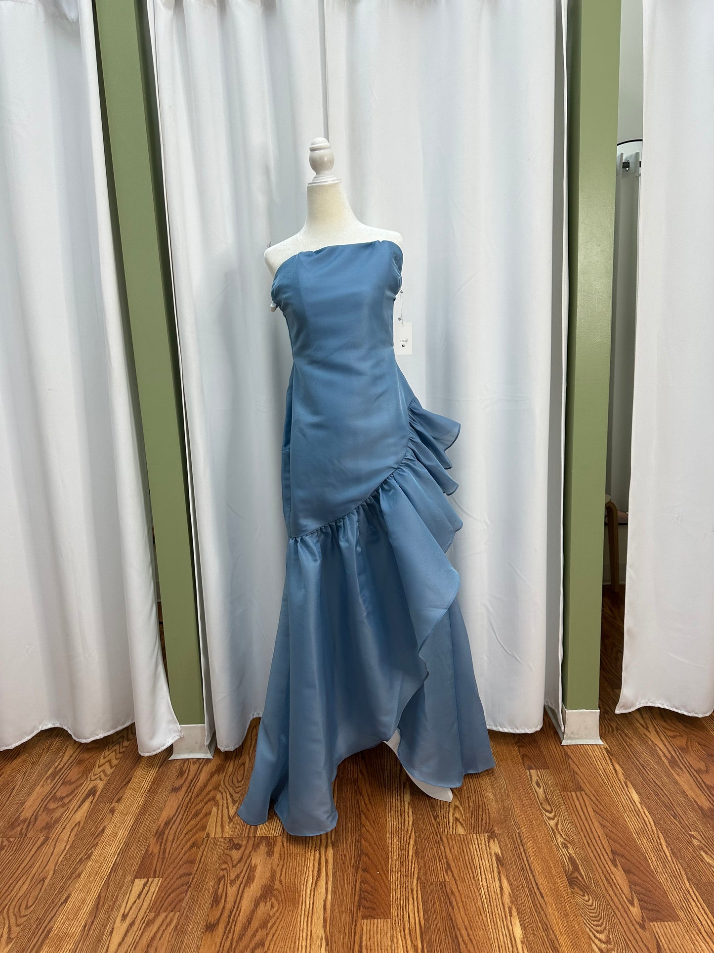 dusty blue ruffle detailed dress