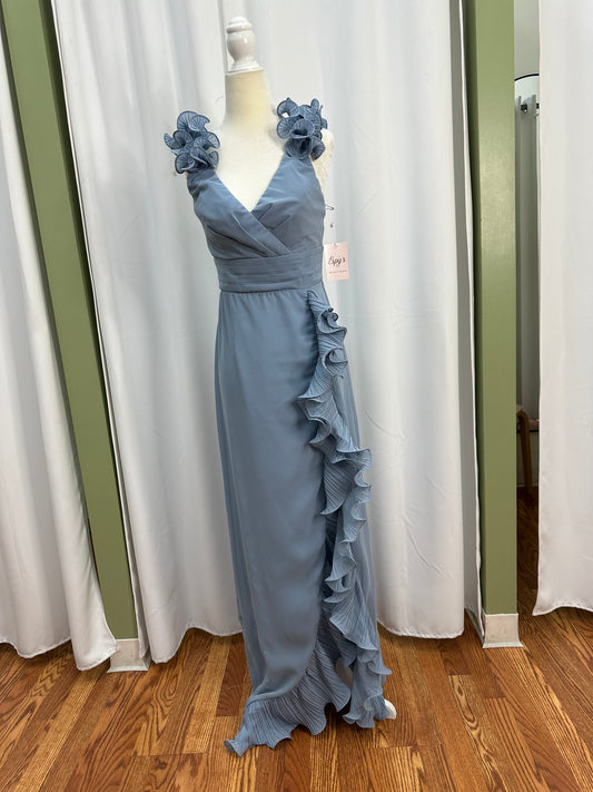 dusty blue ruffle strap dress