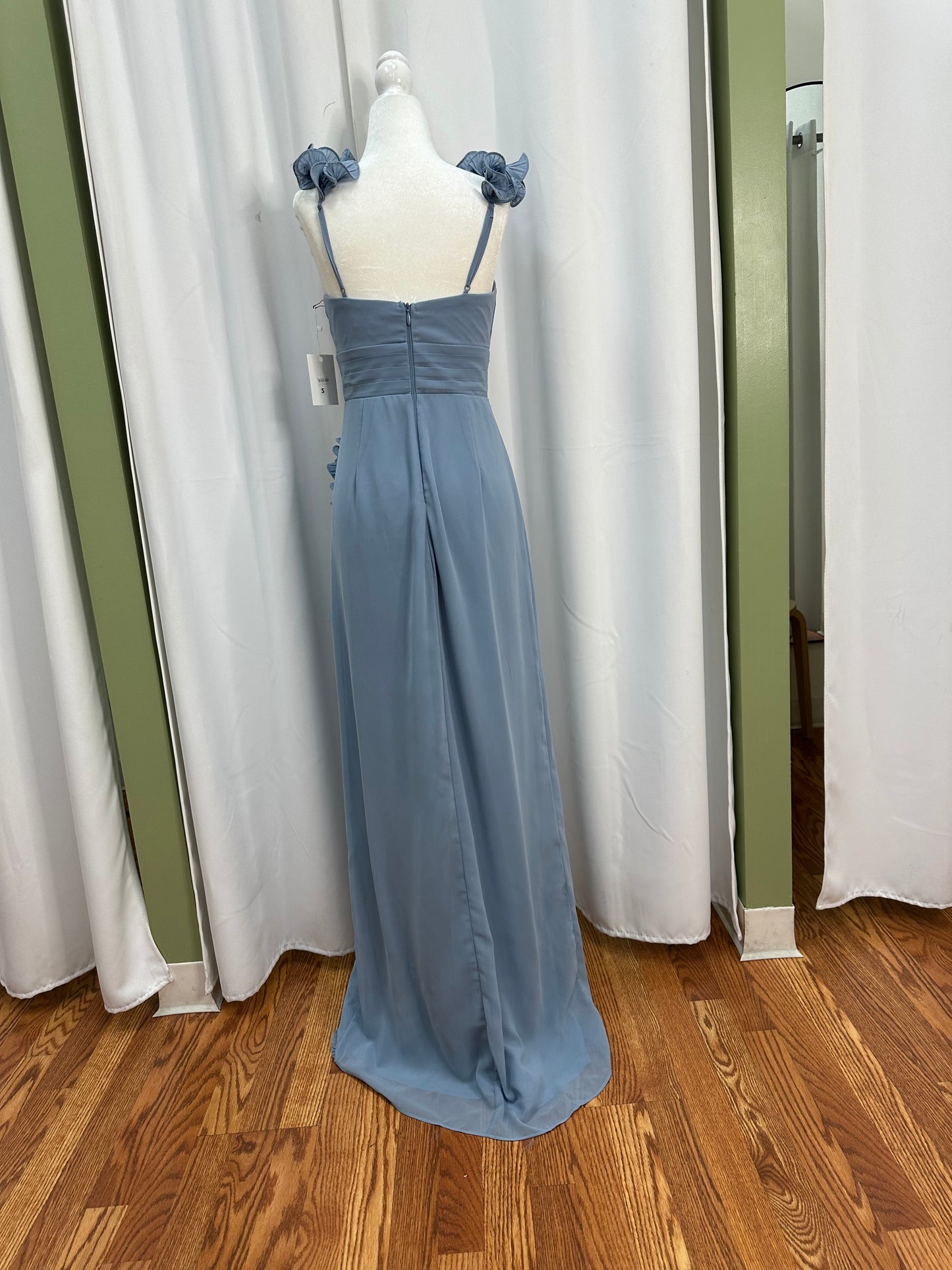 dusty blue ruffle strap dress