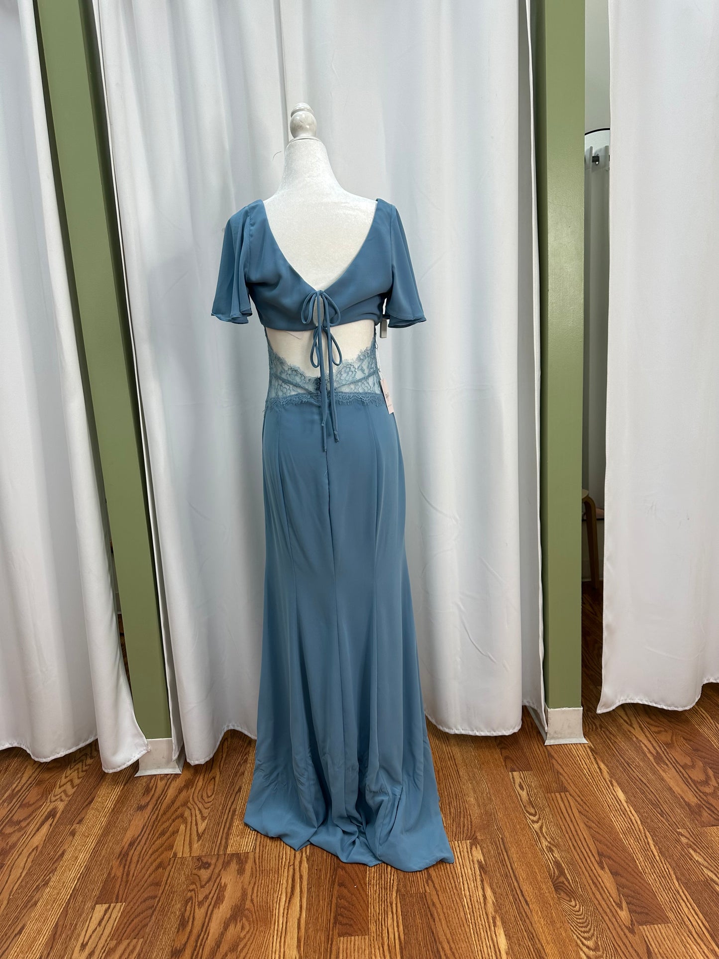 dusty blue backless dress