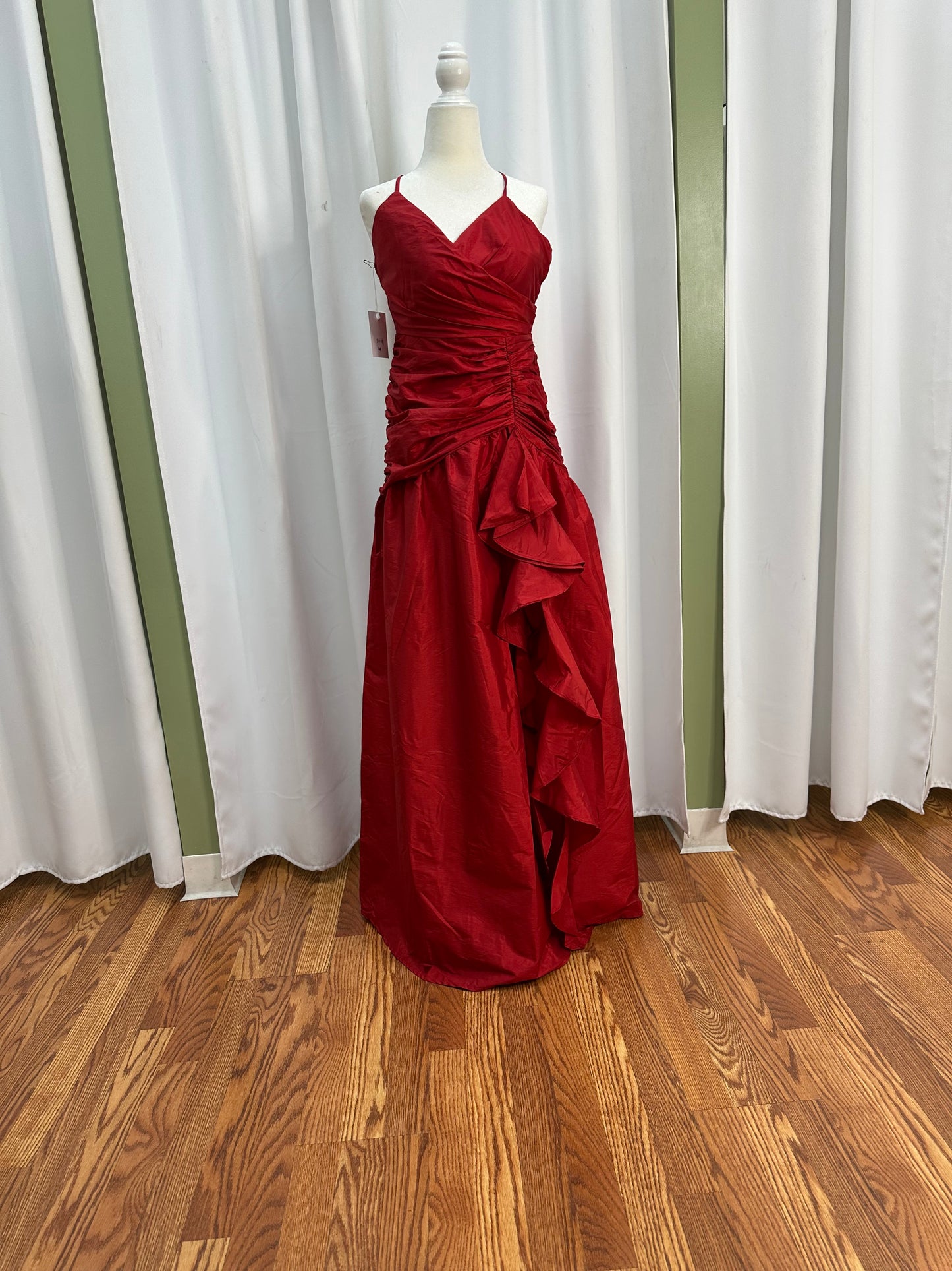 red ruffle slit dress
