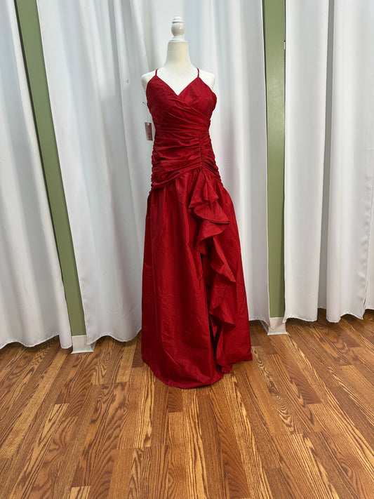 red ruffle slit dress