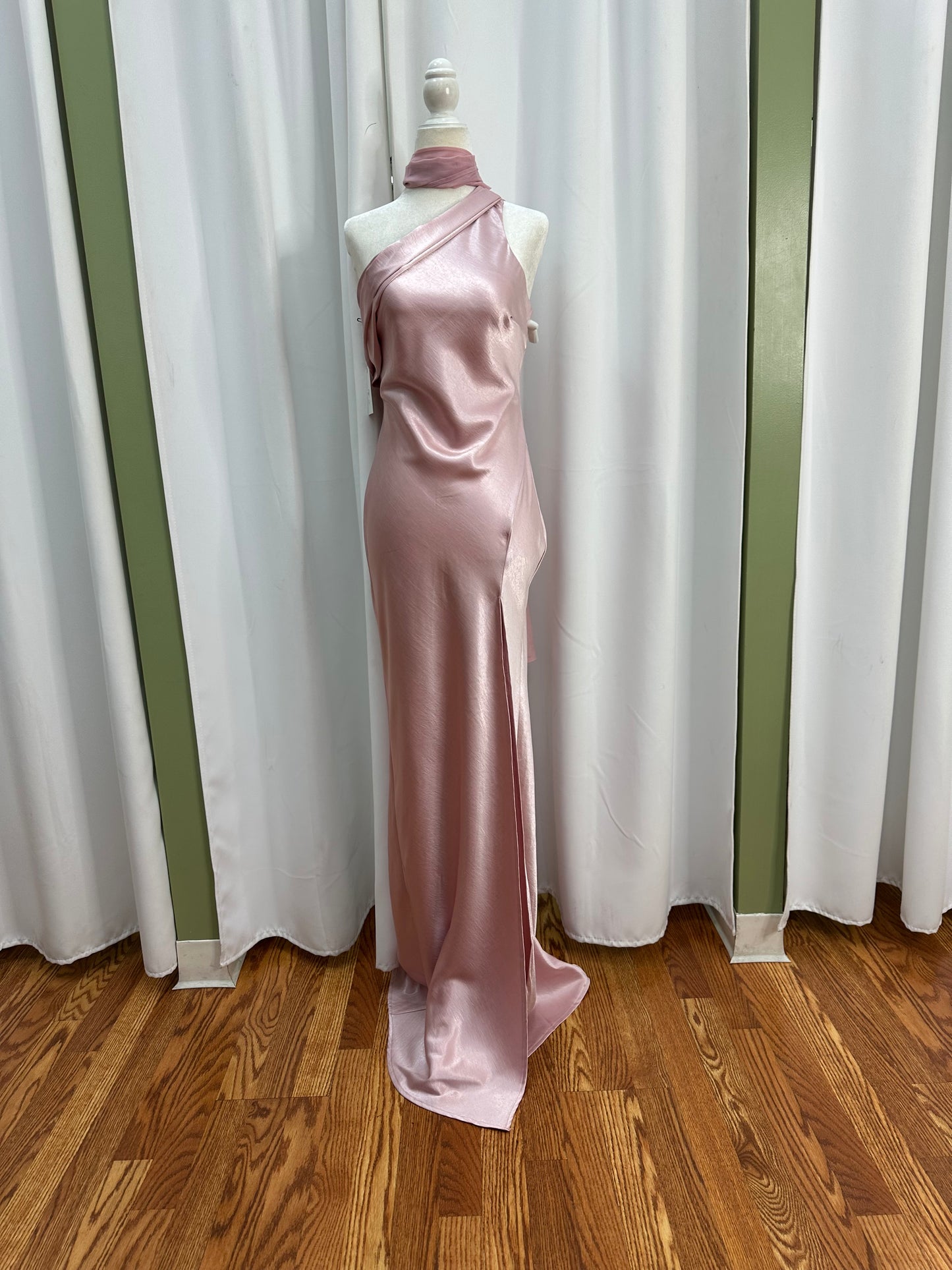 pink satin scarf dress
