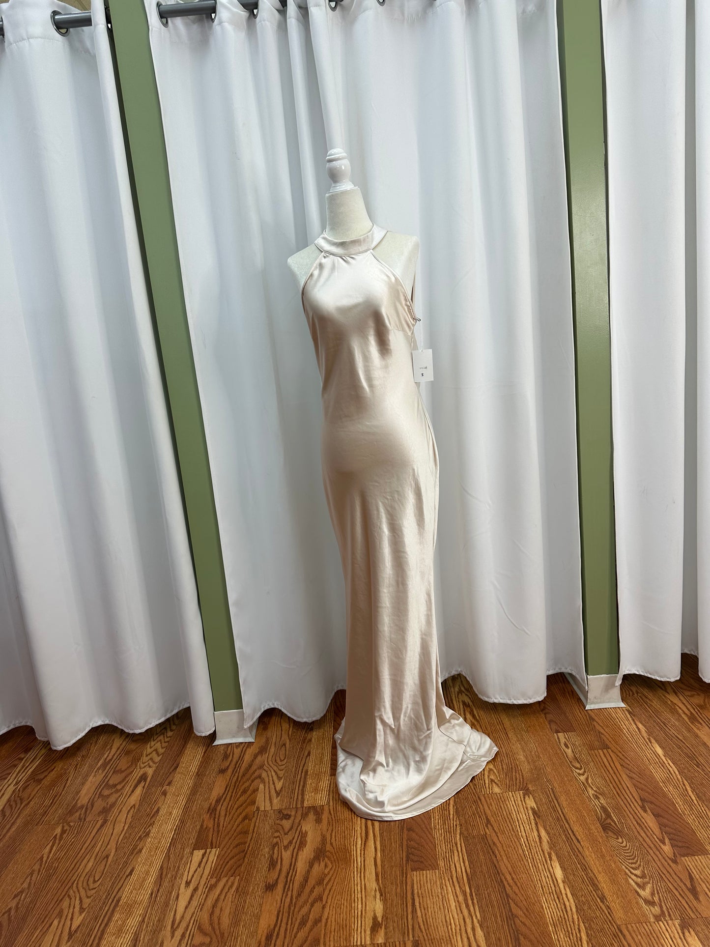 creme satin scarf dress