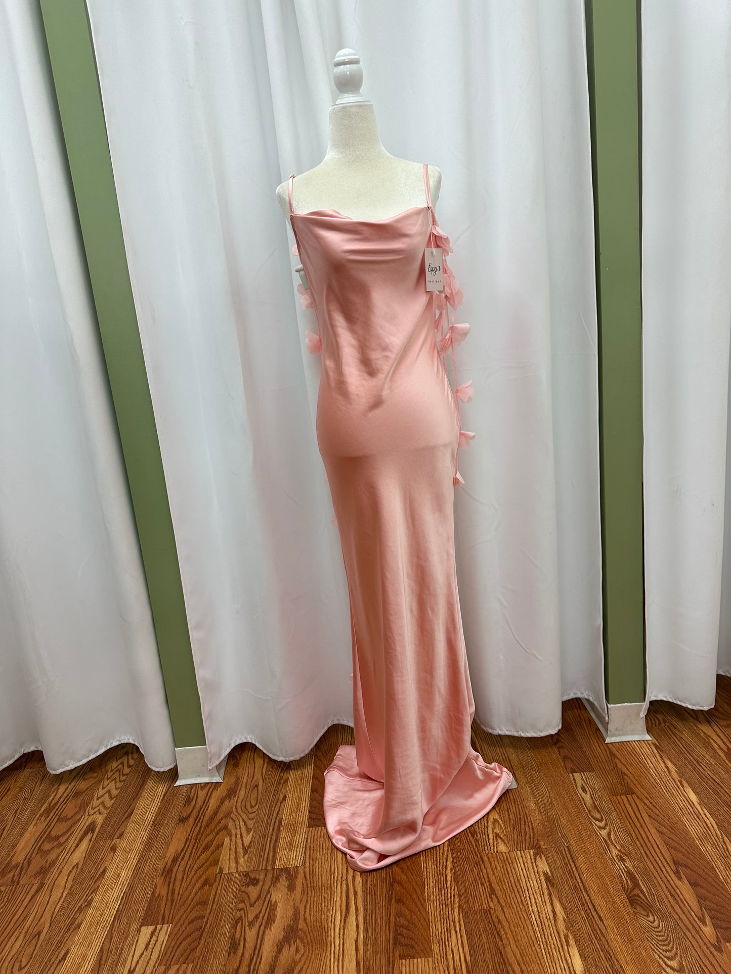 peach satin rose drop dress