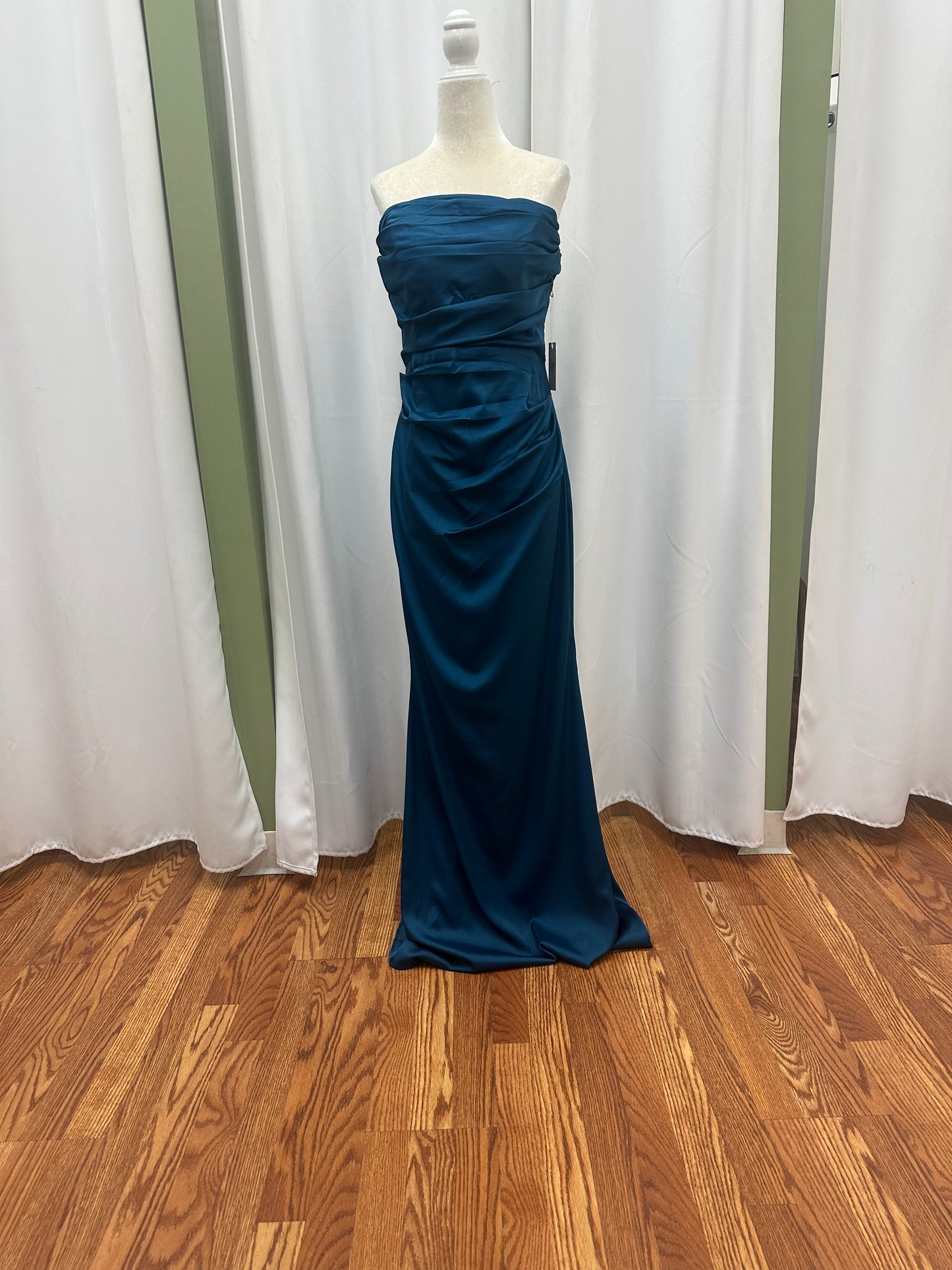 dark teal satin strapless dress