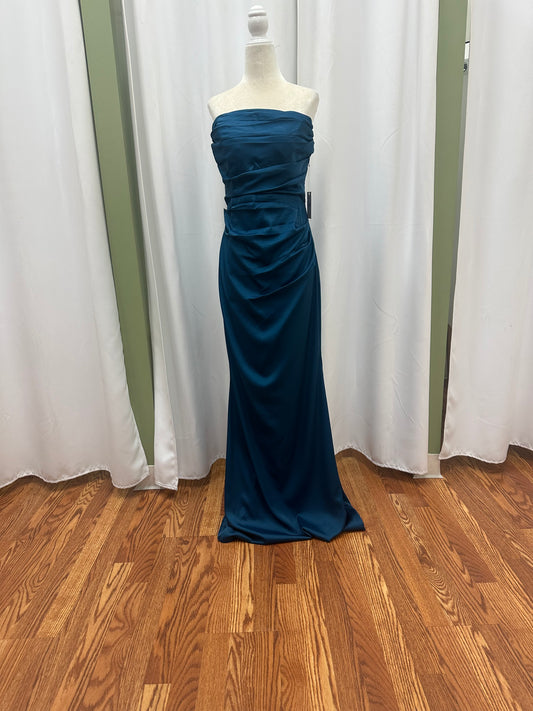 dark teal satin strapless dress