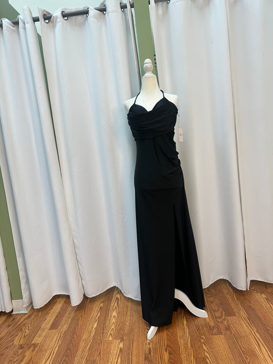 Black long polyester halter open back dress