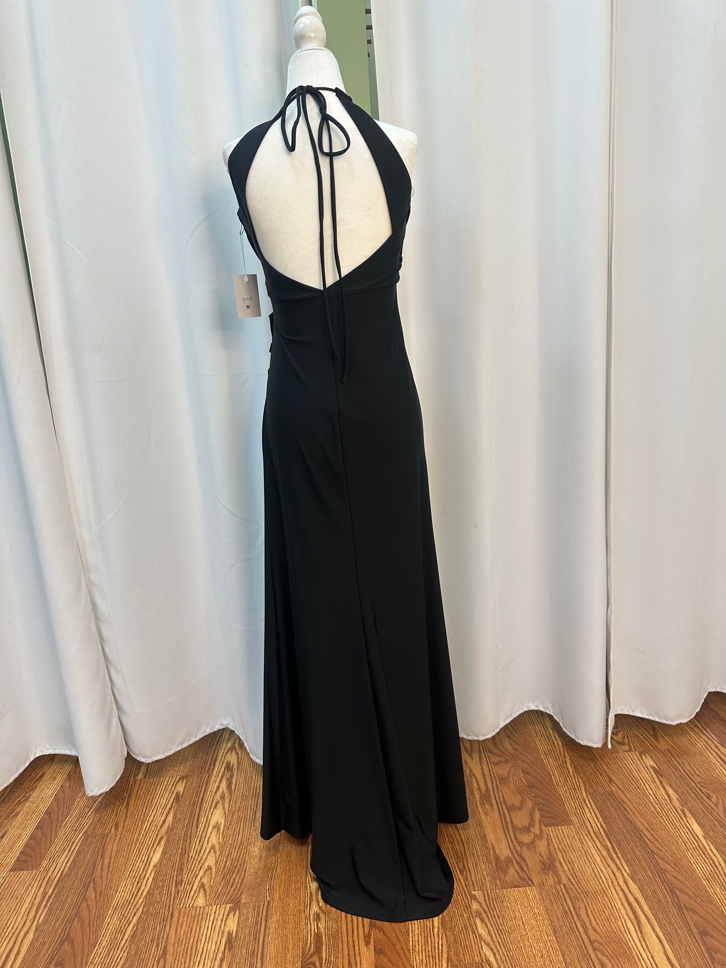 Black long polyester halter open back dress