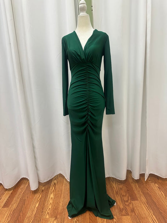 Green polyester long sleeve V neckline detailed front