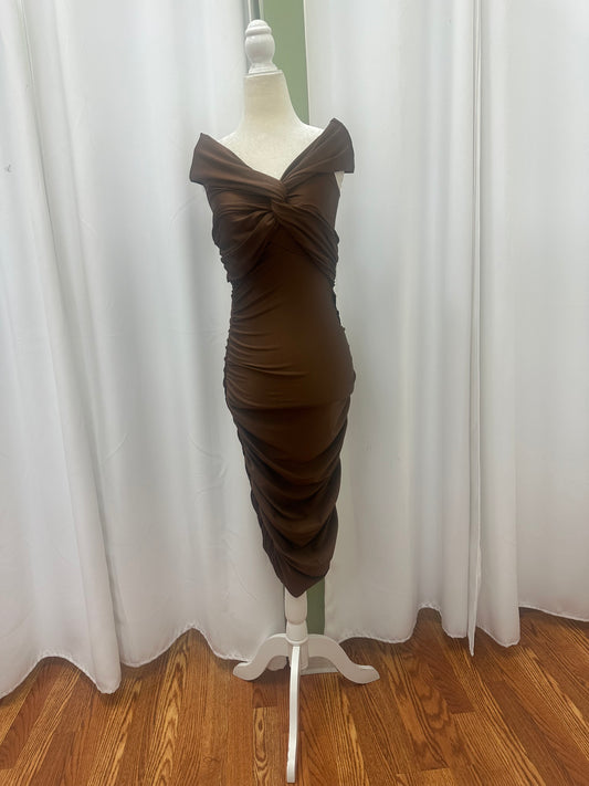 Coffee brown short dress off shoulder w/ scrunched design