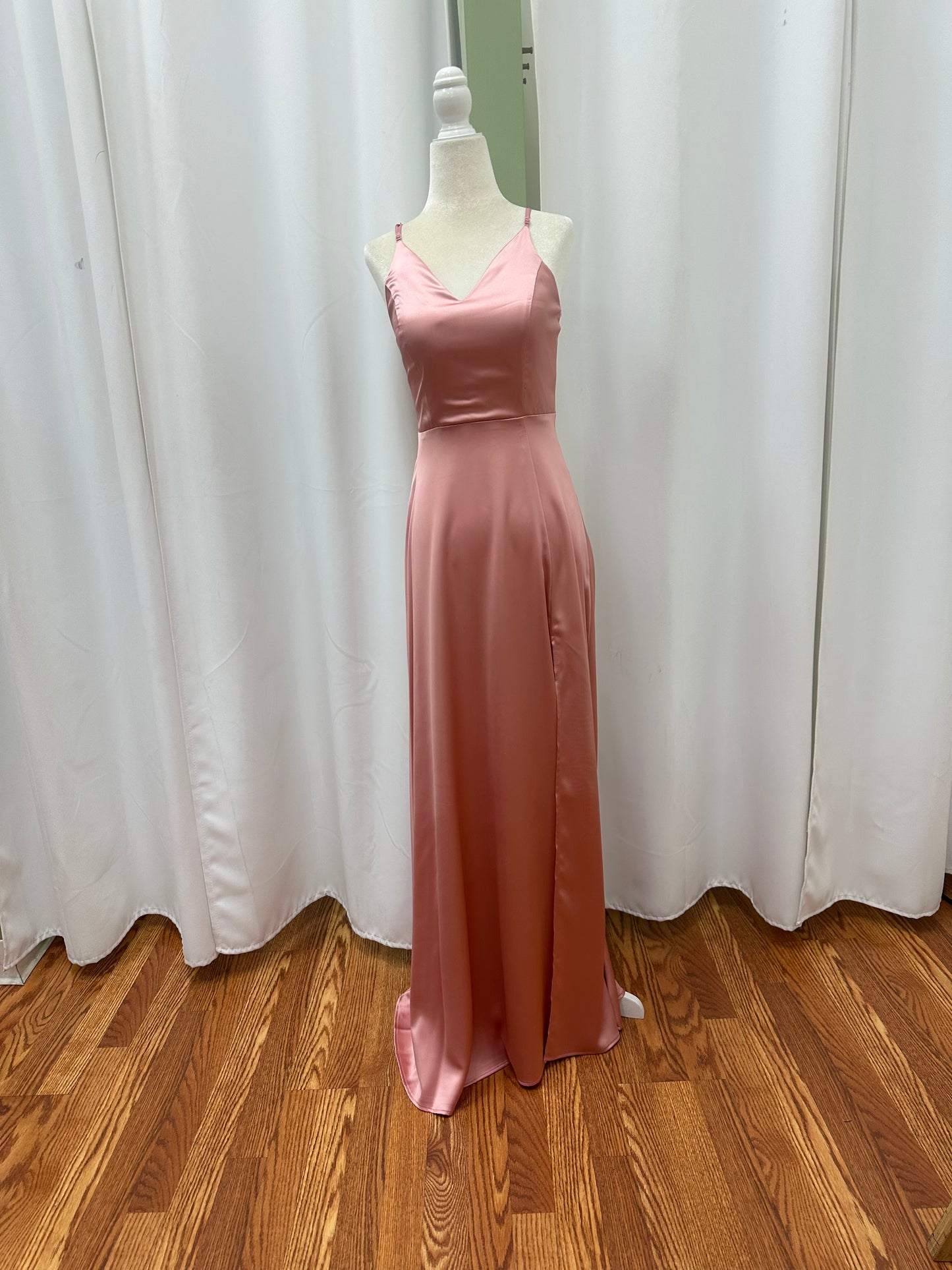 Pink satin long flowy dress spaghetti strap