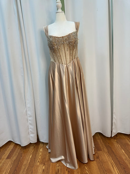 CHAMPAGNE BEADED / STUDDED DRESS SATIN WITH SLIT
