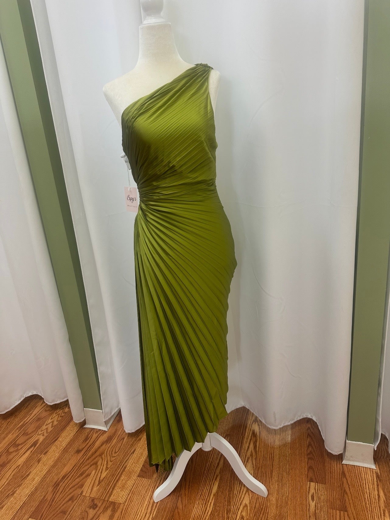 long olive green pleaded dress