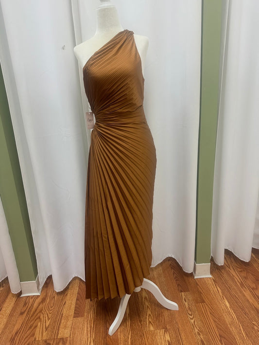 long golden pleaded dress