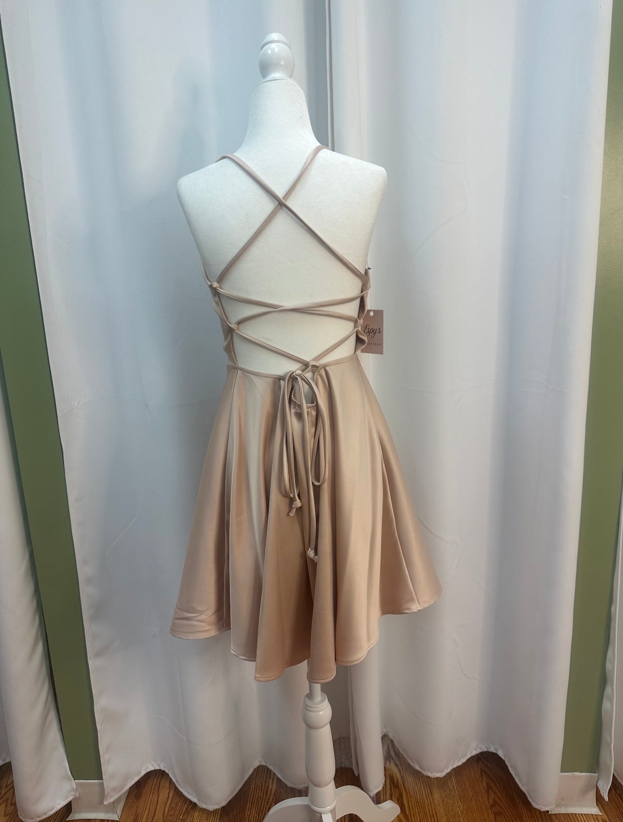 short champagne cross back dress