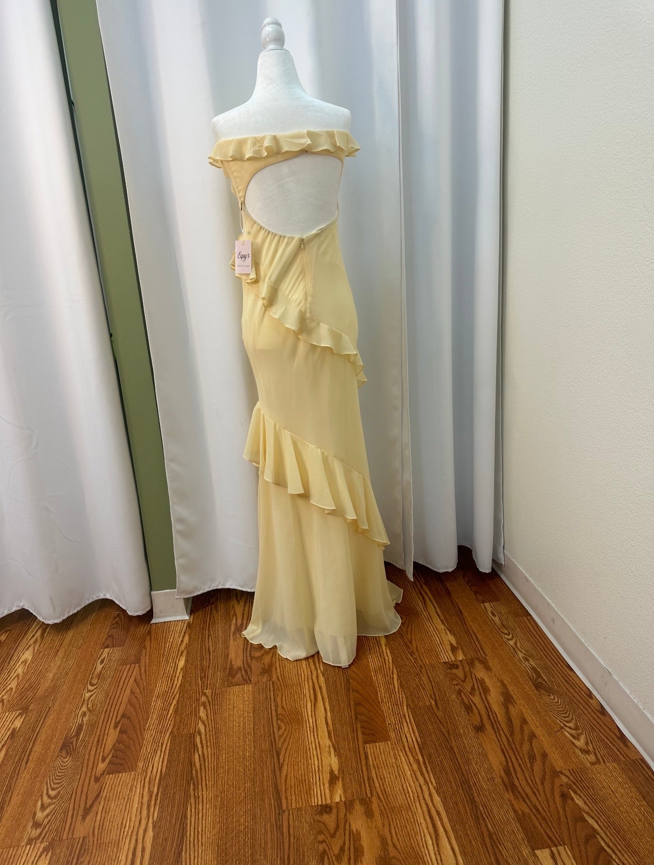 long butter yellow ruffle dress