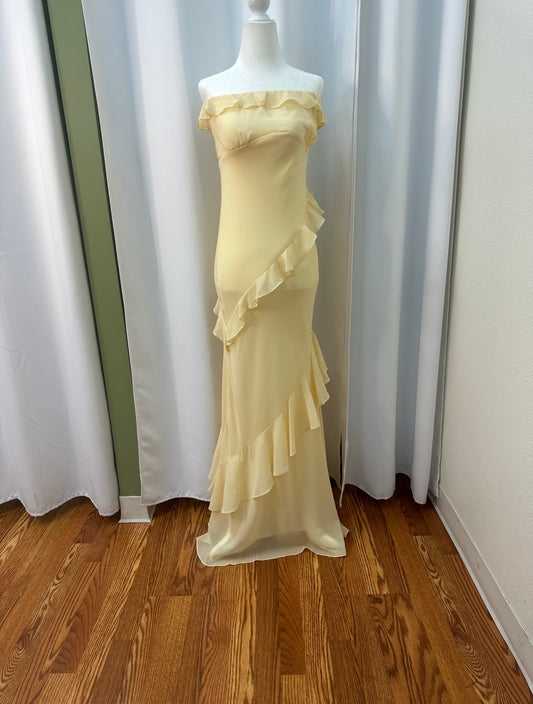 long butter yellow ruffle dress