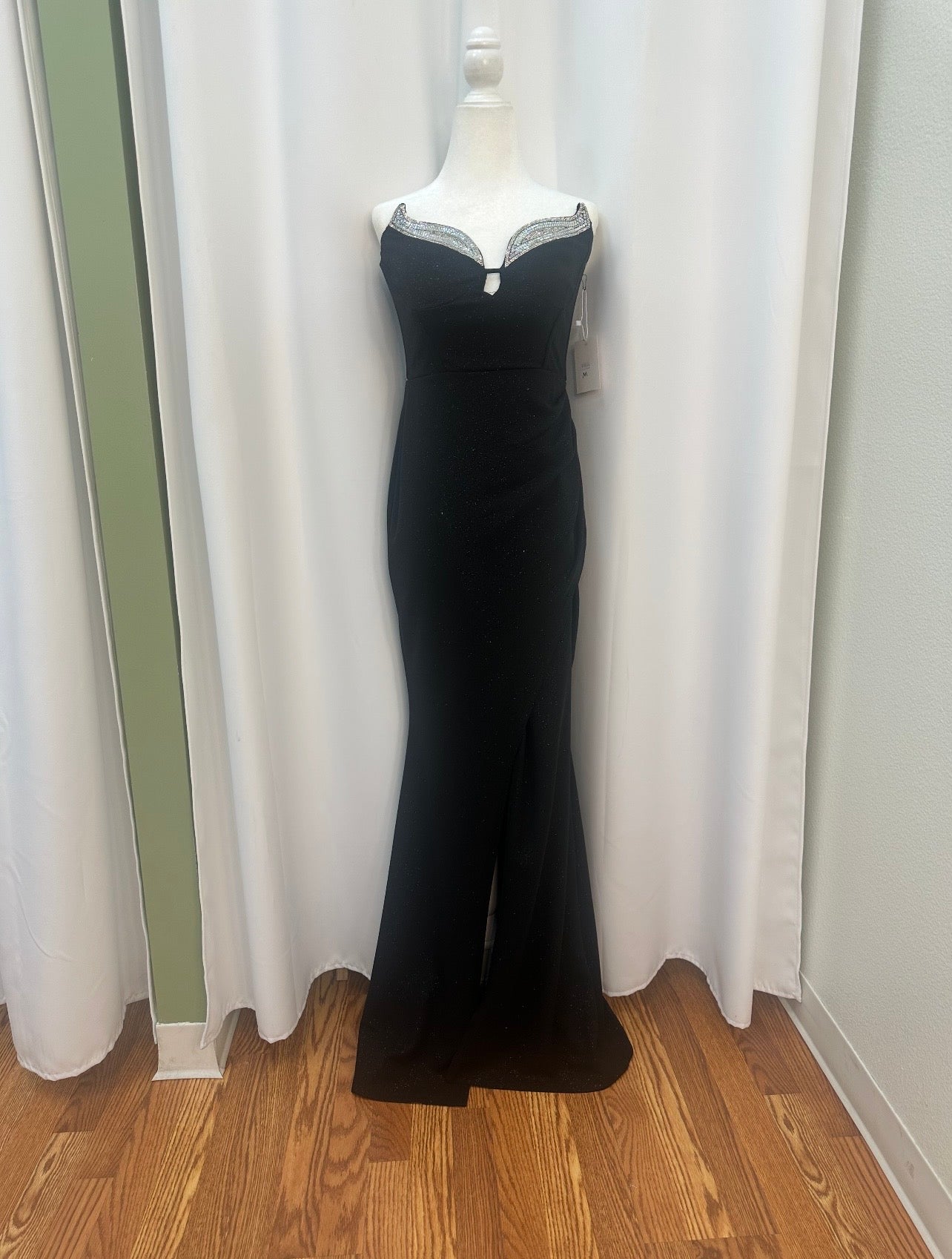 black strapless rhinestone peak dress