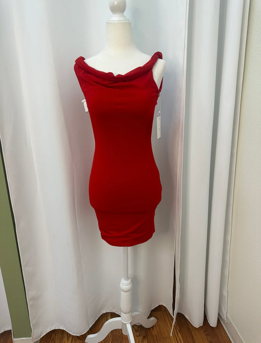 short red bodycon twist shoulder dress