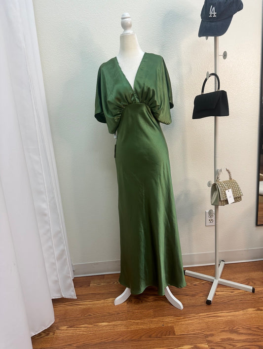 long forest green satin dress