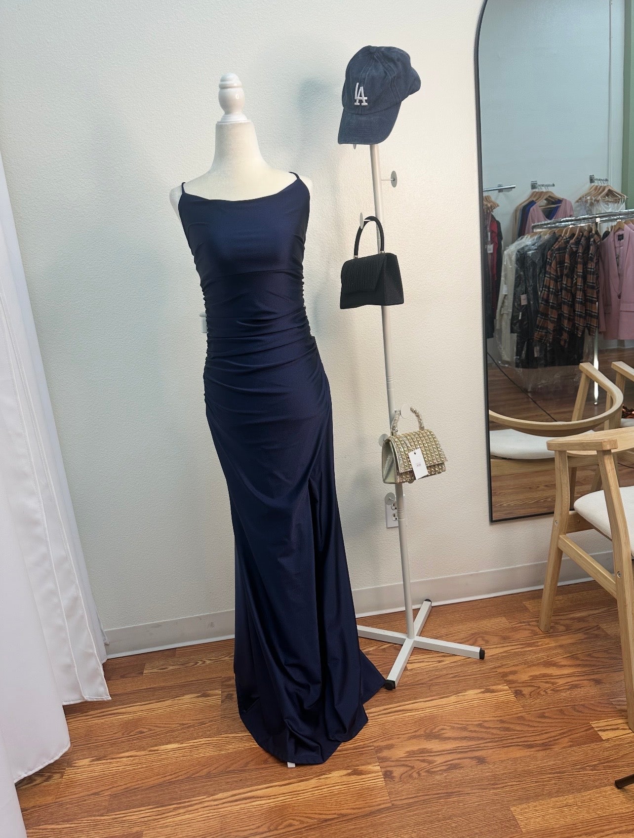 long navy satin dress